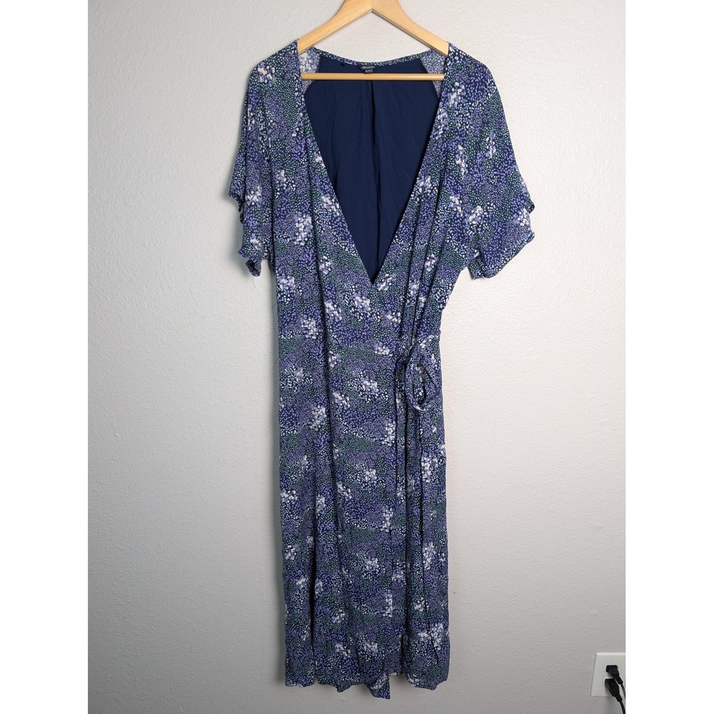 Buffalo Jeans Blue Floral Wrap Dress Womens XL‎ Long Belted Ruffle Tie V-Neck